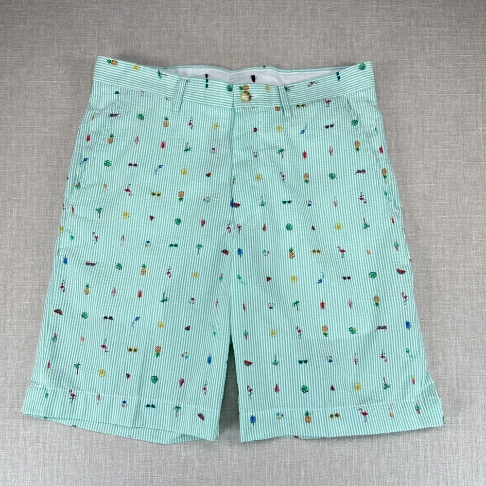 Haspel Shorts Mens 32 Mint Green Seersucker Tropical Flamingo Striped All Over